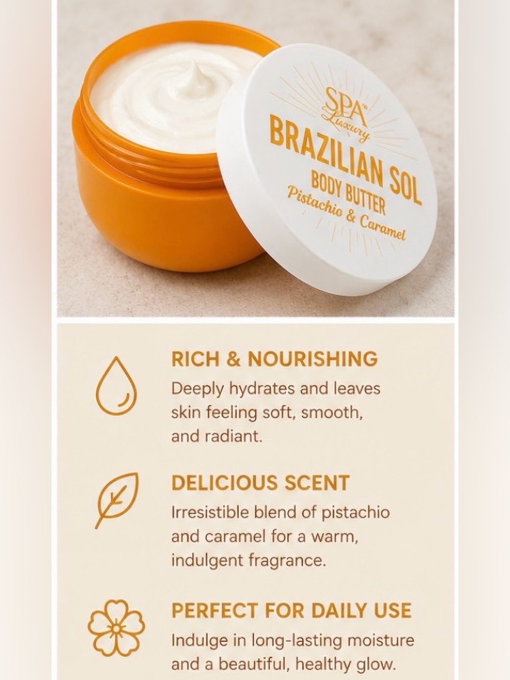 Brazilian Sol Body Butter - Pistachio & Caramel (Orange) - Picture 2 of 3